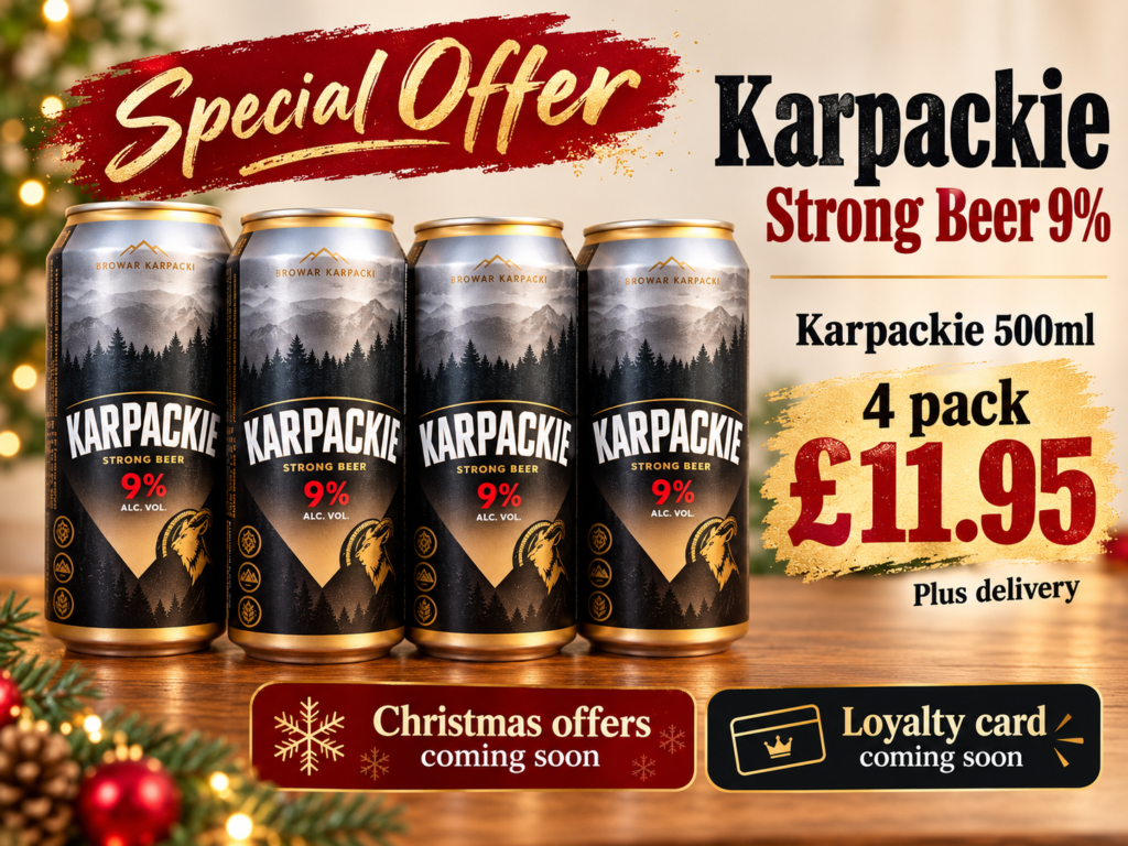 Four 500ml cans of Karpackie Strong Beer 9% on special offer for £11.95 plus delivery from My Drinks Delivered in Barnsley.