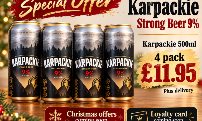 Four 500ml cans of Karpackie Strong Beer 9% on special offer for £11.95 plus delivery from My Drinks Delivered in Barnsley.